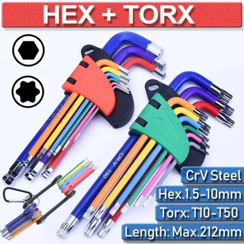 9pcs Allen Wrench Crv Steel Long Ball Torx Star Set Metric H1.5-10 T10-50Multifunkčný šesťuholník Torx skrutkovač šesťhranný kľúč šesťuholníka