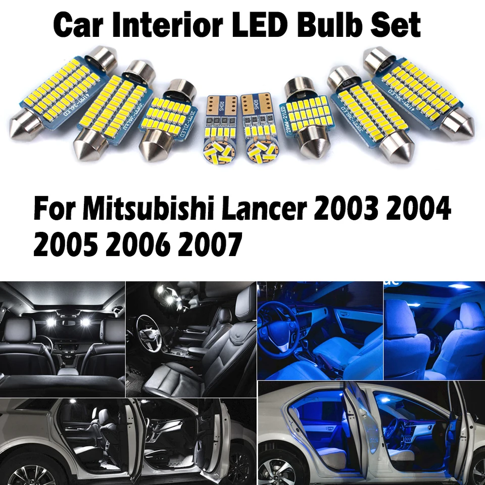 9pcs Canbus Car LED interiérové ​​čítanie Light Kit pre Mitsubishi Lancer 2003 2004 2005 2006 2007 2007 mapa Dome Trunk Limk Light Lamp Lamp