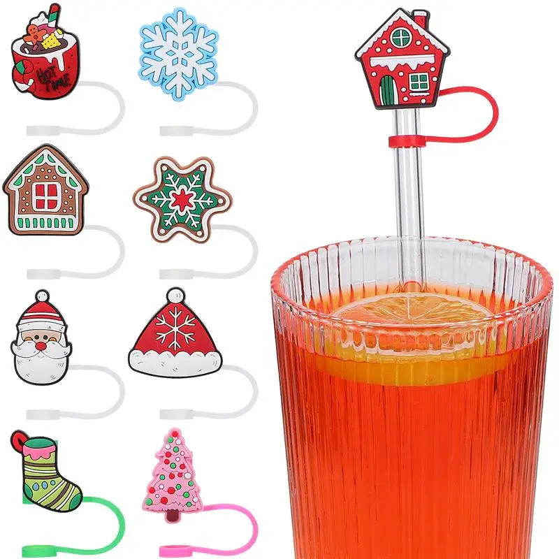 9pcs Christams Slaw Caps Party Pity Pity Slaw Caps Slaw Prach Caps Mini Slaw Pokrývky Toppers Opätovne použiteľné slamky Silikónové poťahy