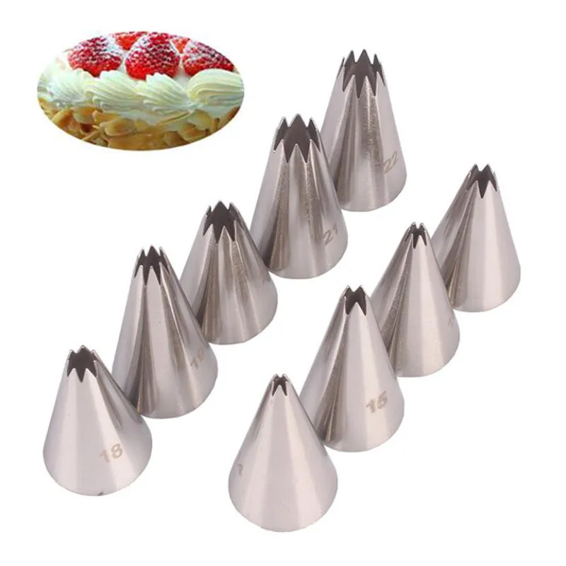 9pcs/set Open Star Cream Padov dýzy Dobzles Cake Deskotovanie Sada Kovové pečivo Tipy