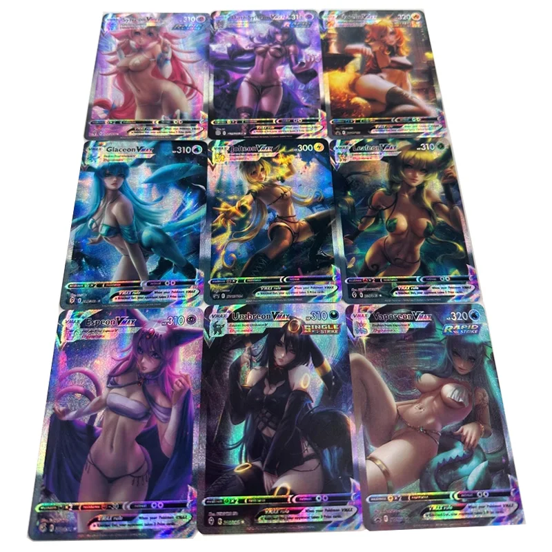9pcs/set Pokemon Feminine Eevee Espeon Umbreon Vaporeon Jolteon Flareon Sylveon Sexy anime dievča Game Collection Cards Toy Gift