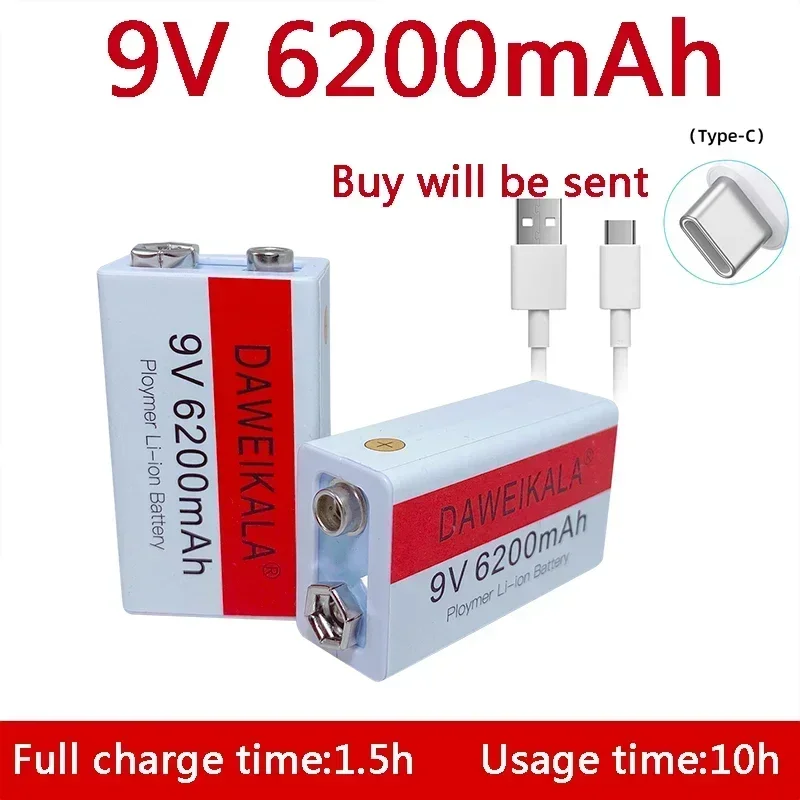 9V batéria 6200 mAh li-ion Nabíjateľná batéria typu C 9V USB lítium pre multimetrovú mikrofónovú hračku +USB nabíjací kábel