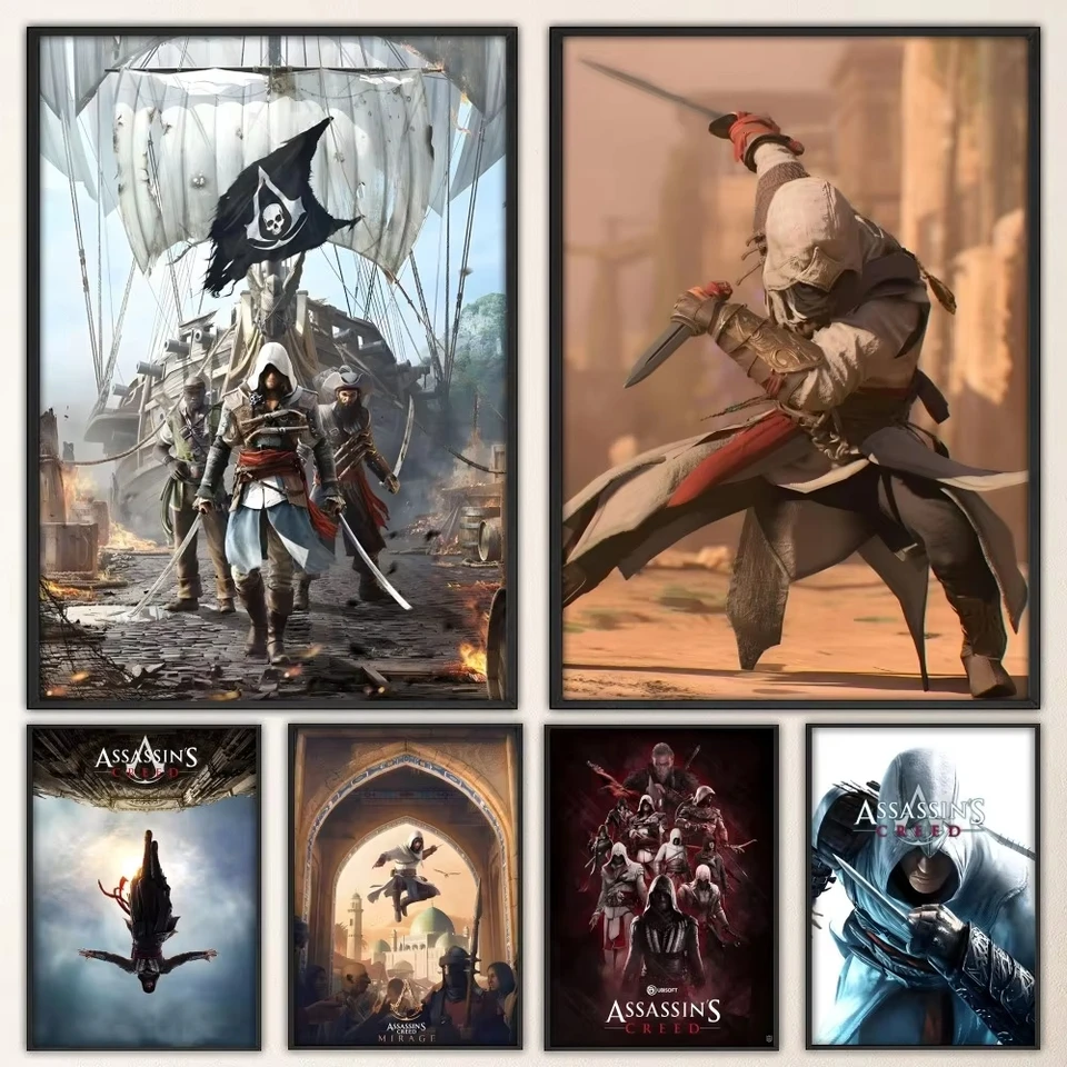 A-Assassins C-Creed Game Self-Pethasive plagát Fancy Wall Sticker pre obývaciu izbu Bar vintage dekoratívna maľba stredná maľba