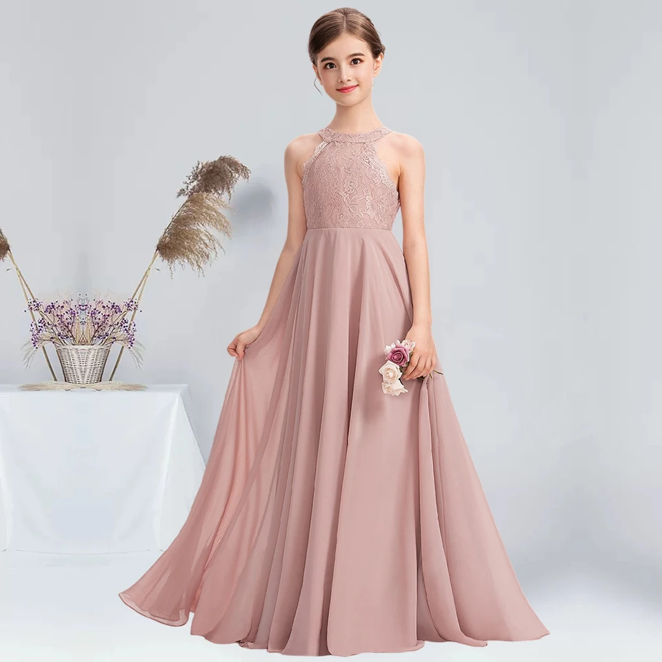 A-line halter podlahová dĺžka šifónovej čipky Junior družičky šaty Dusty Rose Flower Girl Šaty letné prijímanie hosťov