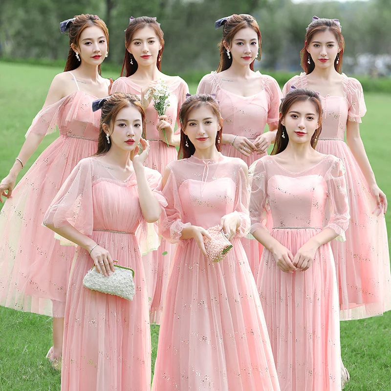 A450 Shiny Tulle Pink Družička šaty 2025 Nová ilúzia čipka siete Homecoming Homecoming Sexy Woman Grey Green Blue Prom Dresses