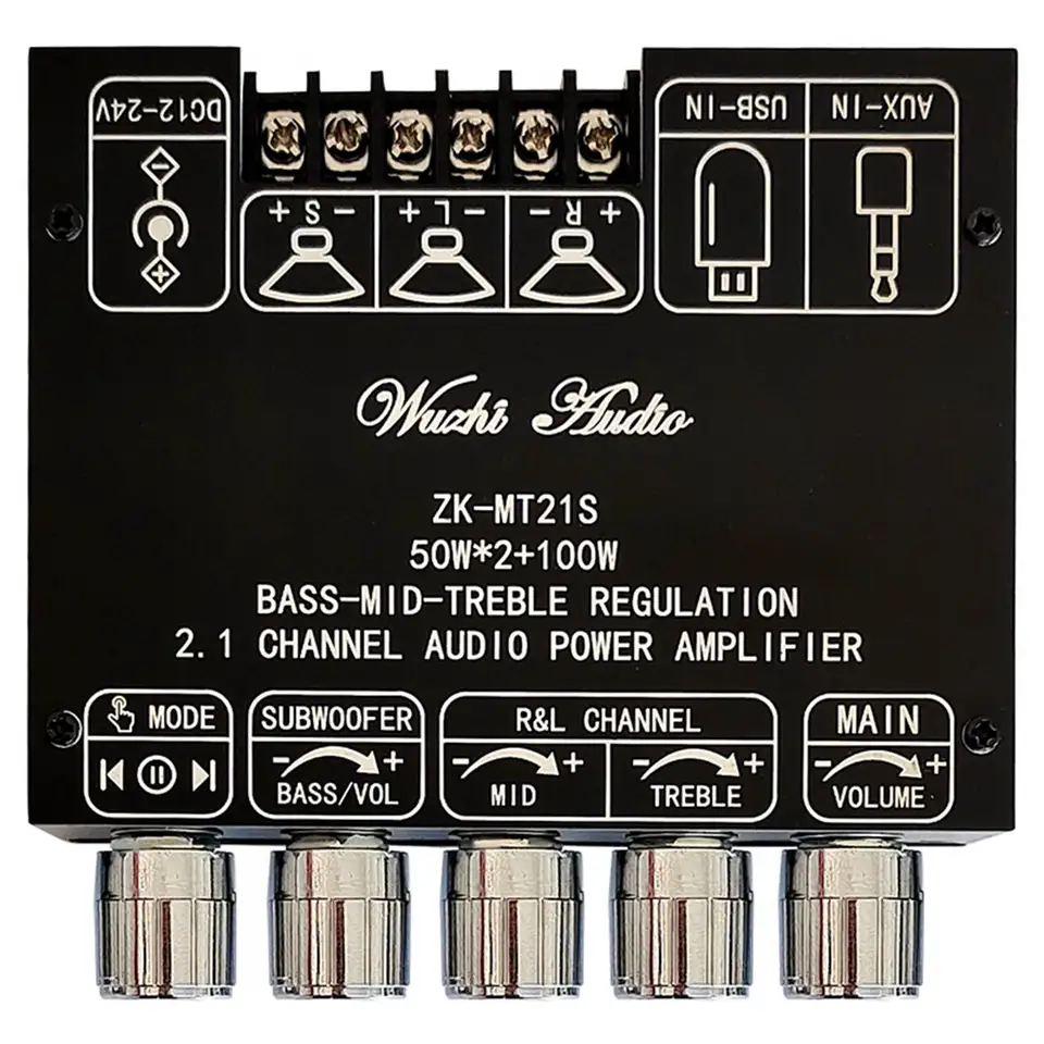 A57G-ZK-MT21S 2x50W+100W 2.1 Subwoofer Digital Power Amplifier Board AUX 12V 24V Audio Stereo Bluetooth 5.1 Bass