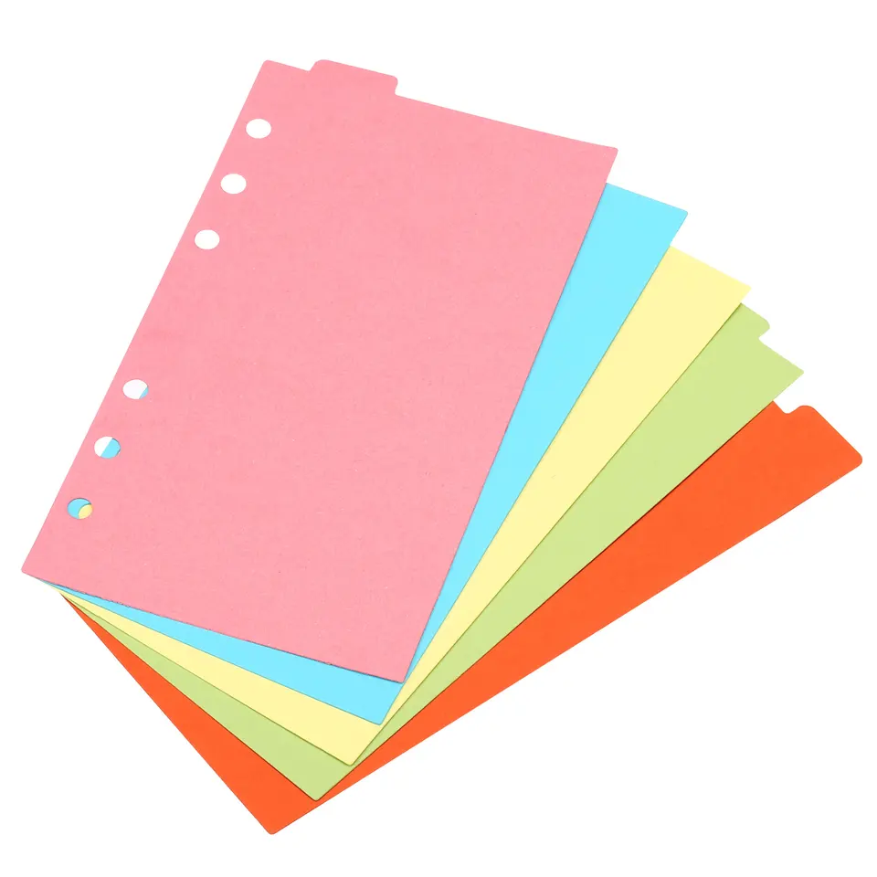 A6 Binder Index Defítory 4 Set 5 Tabs kartónový vkladateľný Stránka pre 6 krúžkov Binder oddeľovacie papiere Multi -farebný deliaca súbor
