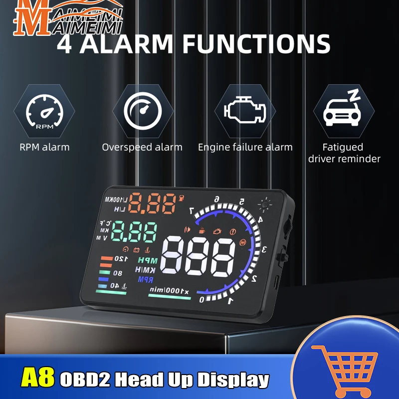 A8 HUD OBD2 CAR A CAR DISPITS DISPLET DIGITÁLNE SEDOMETEROVÝ PROJEKT PROJEKT OBD SCANER SICKE SVERIACE TEMP RPM Alarm RPM