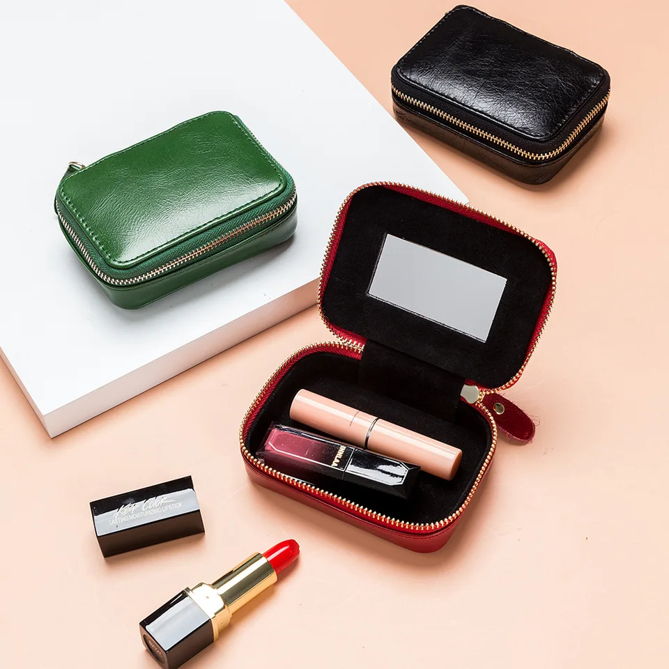 A8242 Top vrstvy kravského olejového voskovaného koženého zrkadla vo vnútri Mini Cosmetic Make -Up Bag Smooth Zipper Držiak rúžov ​​držiak malé puzdro
