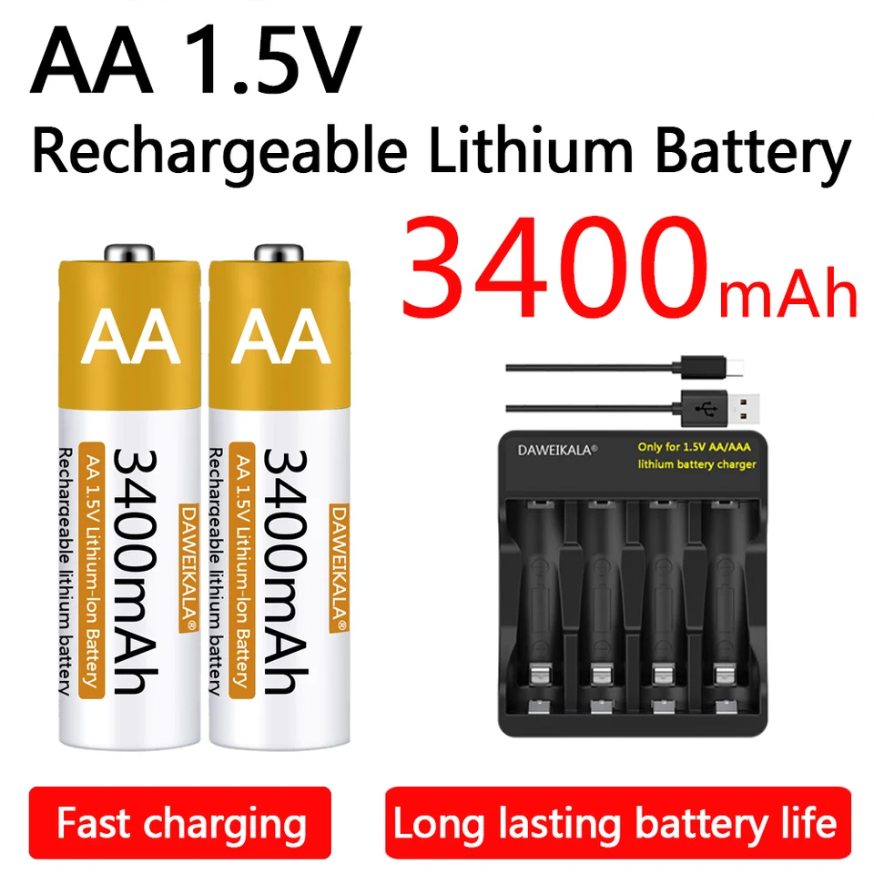 AA 1,5 V Nabíjateľná batéria 3400 mAh lítium-iónovej batérie AA batérie pre diaľkovú ovládaciu hračku myši s elektrickou hračkou s nabíjačkou USB