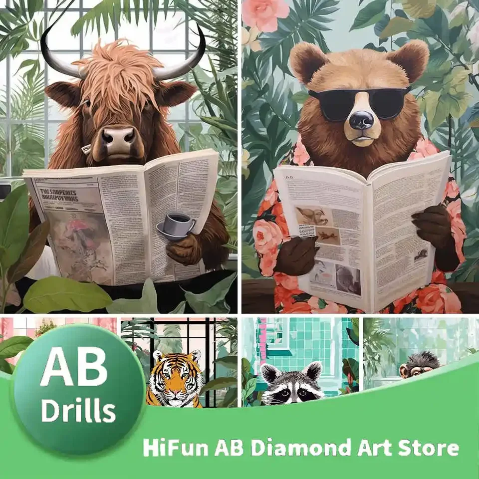 AB Drill Reading Noviny Zvieratá Diamond maľba, výšivka diamantu Bear Cow Cule Round Round Round vŕta