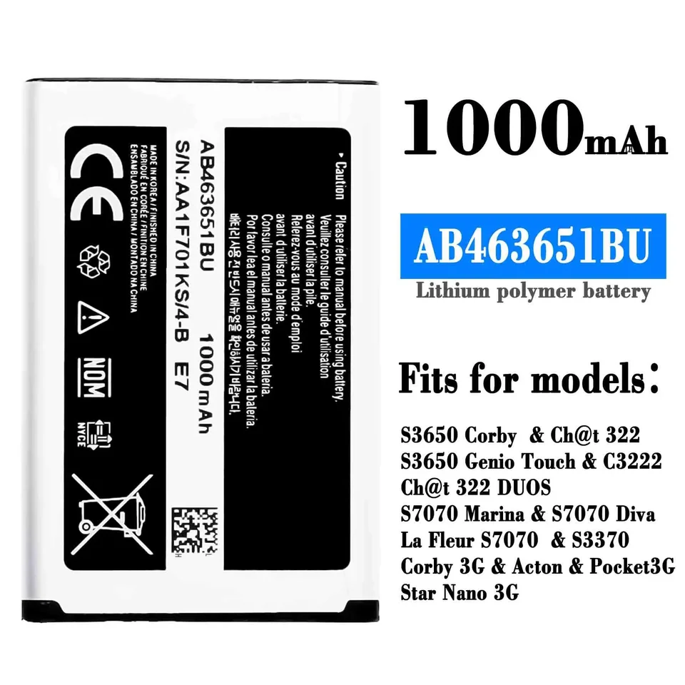 AB463651BU batéria pre Samsung GT-C3060R C3222 C3322 C3530 S5600 S5610 S7070 P220 P260 S3650 S3370 322 AB463651BA AB463651be