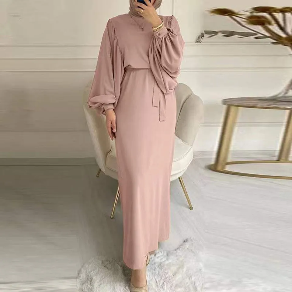 Abaya kaftan šaty 2025 Ženy Spring Solim Moslimské šaty móda s dlhým rukávom O-krk na krku Príležitostné elegantné elegantné maxi rúcho femme