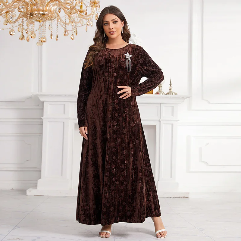 ABAYAS pre ženy Dubaj 2024 módne moslimské ženy s dlhým rukávom O-krk Velvet plus veľkosť dlhé maxi šaty moslimské móda abaya