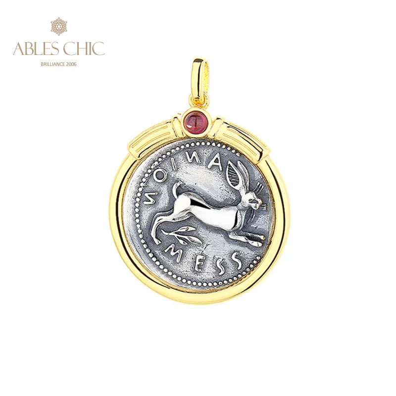 Ables Chic Sicily Rabbit Greek Greek Strieborné repliky replika Solid 925 Strieborná rímska minca Prívesok Natural Garnet iba N1000