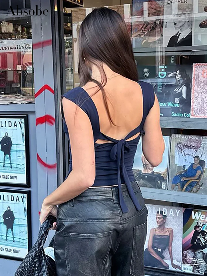 Absobe Solid Open Back Lace Up Tank Top Top Women Crew Krátke rukávy Slim Vestrabilné tričko Hottie Y2K Casual Tees Streetwear