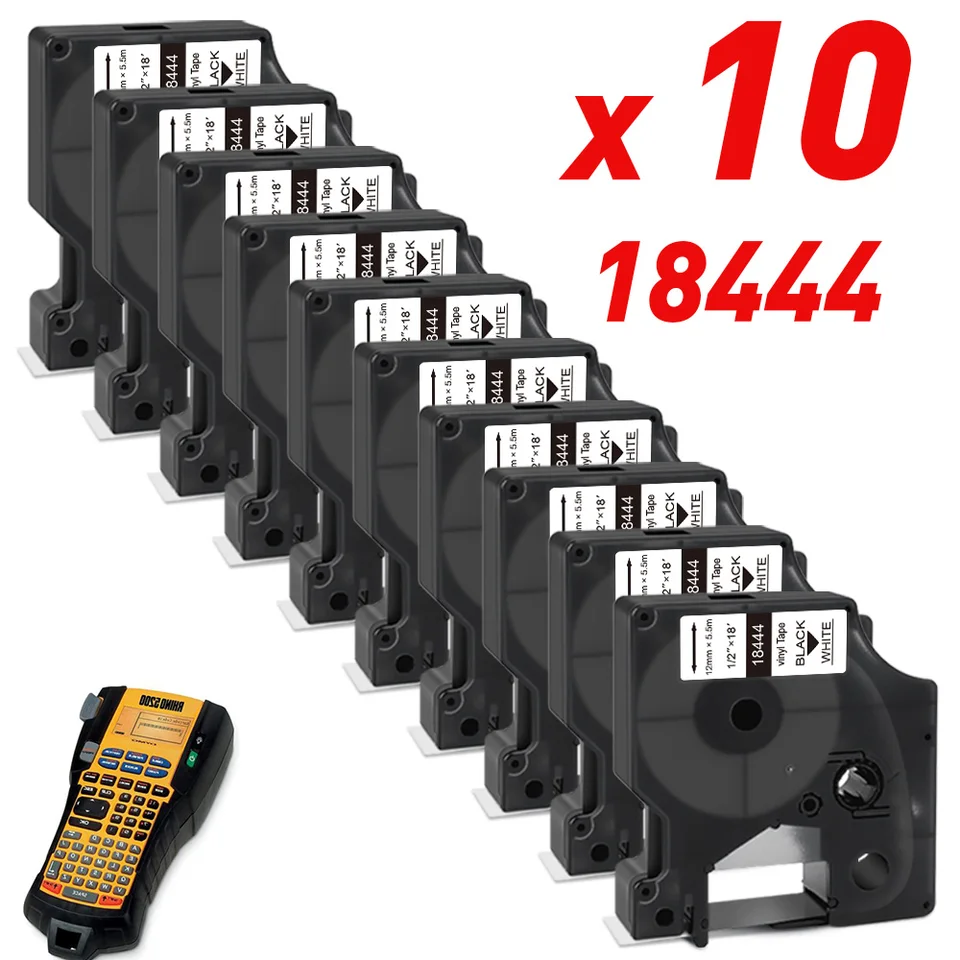 Absonic 10pk 12 mm vinylová priemyselná páska pre Dymo Rhino 18444 Čierna na bielom kompatibilnom pre nosorožcov