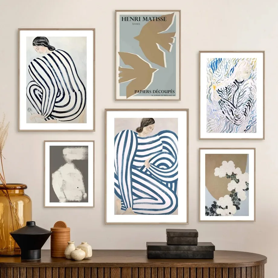 Abstrakt Curve Line Girl Lover Dove Dove Flower Geometry Wall Art Canvas Maľba Nordické plagáty a výtlačky obrázok Obývacia izba Výzdoba