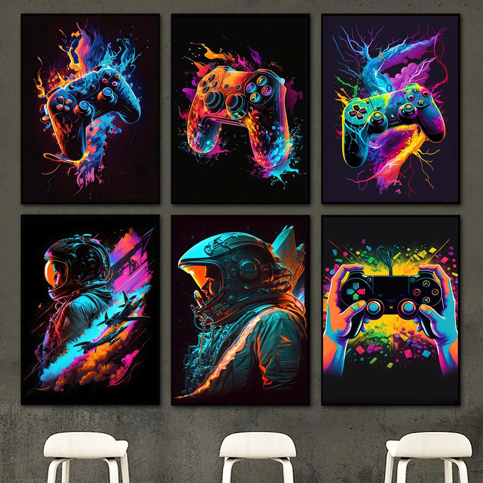 Abstrakt GamePad Spaceman Wall Art Plagát výtlačky Moderná herná izba Domáca spálňa dekor plátno maľba nástenné obrázky umelecké diela darček