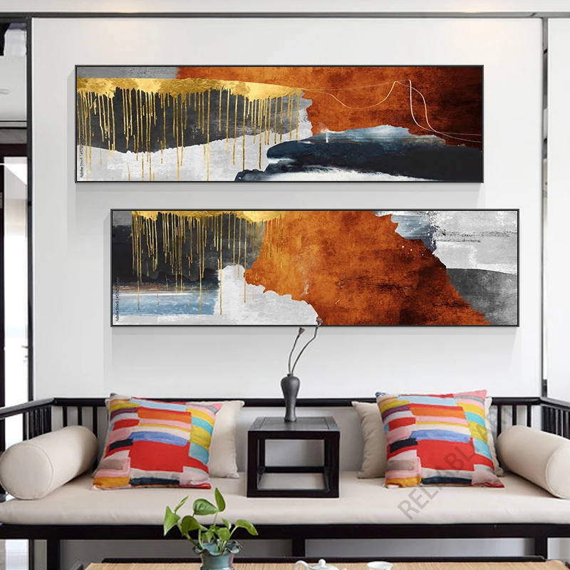 Abstrakt Gold Brush Canvas Maľba moderné oranžové žlté plagáty a výtlačky pre dekoráciu spálne v obývacej izbe