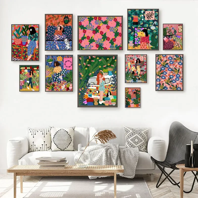Abstrakt módy vintage dievča rastlinné psie nástenné umenie Art Canvas Painting Nordic Plagáty a výtlačky nástenné obrázky pre dekoráciu obývacej izby