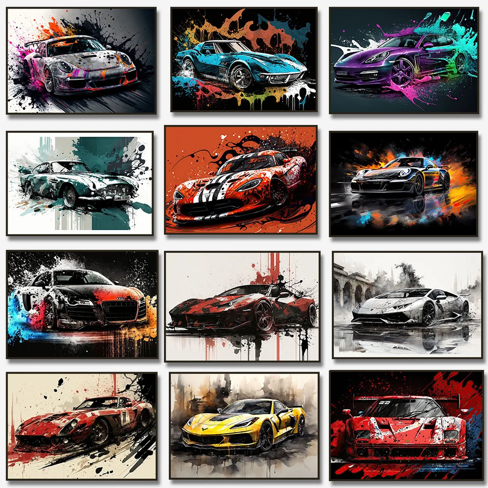 Abstrakt Watercolor Supercars plagát graffiti luxusné auto maľba