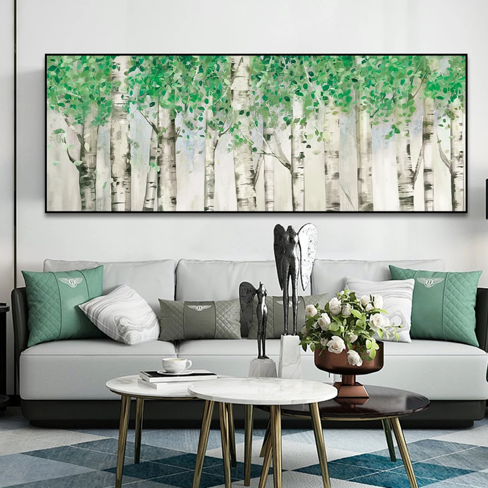Abstrakt Zelený breza strom Canvas olejomaľba Nordické plagáty a výtlačky nástenné umelecké obrázky pre obývaciu izbu domov dekorunframed