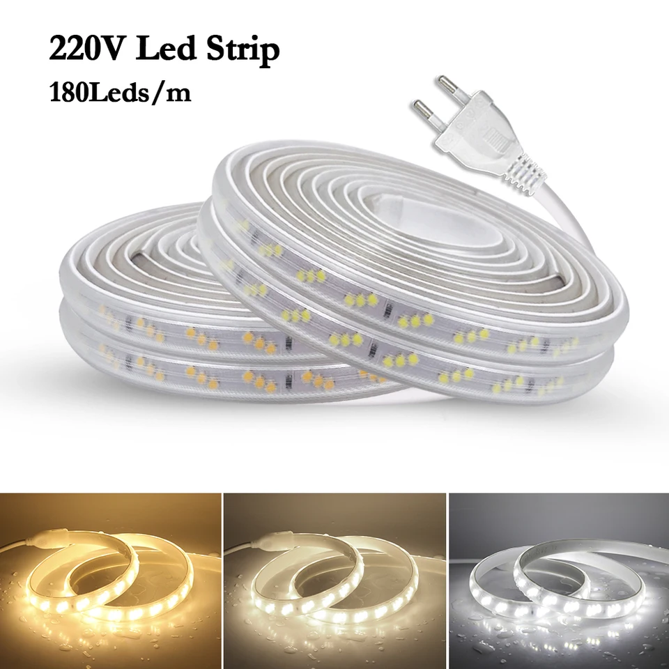 AC 220V LED svetlo Svetlo šikmé 3 riadky Eu UK Power zástrčka s prepínačom 180LED/m Vysoký jas flexibilný IP65 nepremokavý domáci výzdoba