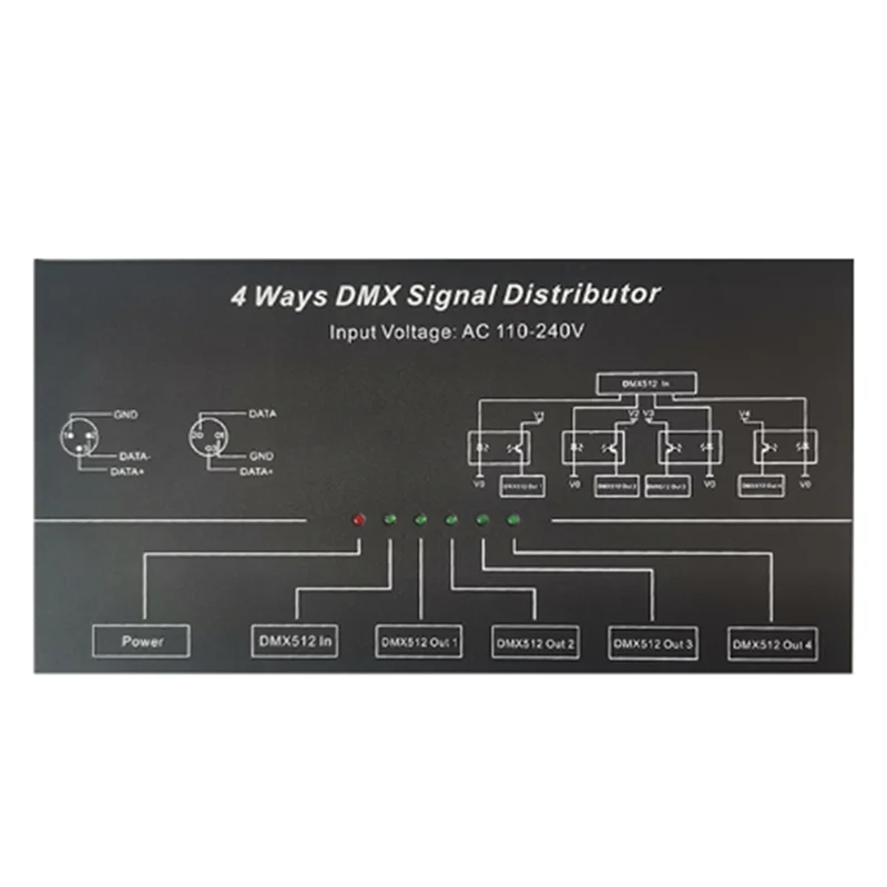 AC100V-240V VSTUP DMX512 1 až 4 Rozrezanie signálneho opakovača DMX DMX