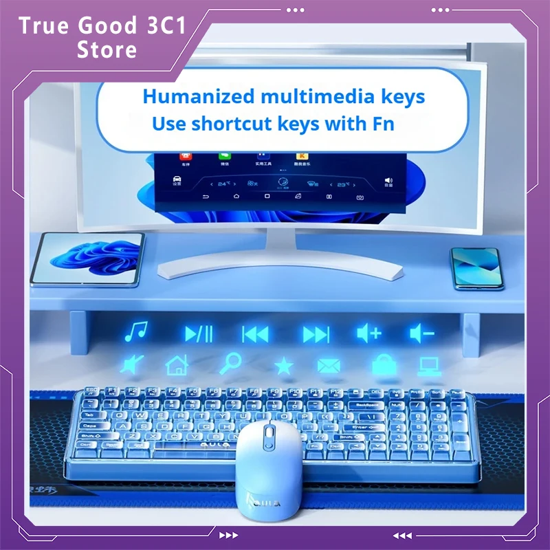 AC210 Vlastná klávesnica Myš myš Set Transparent ergonomicky klávesnica Combo Wireless 2.4G Multimedia Function Keyboard
