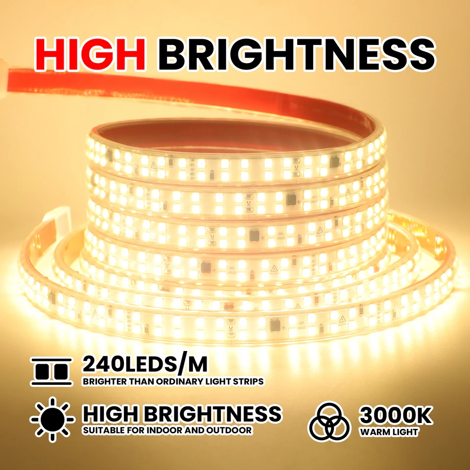 AC230V LED pásové svetlo 2835 240LED/m IP67 Vodotesný vonkajší vonkajší 220 V voltový diódový lepidlo lepidlo s flexibilnou mäkkou žiarovkou 1 m-30m