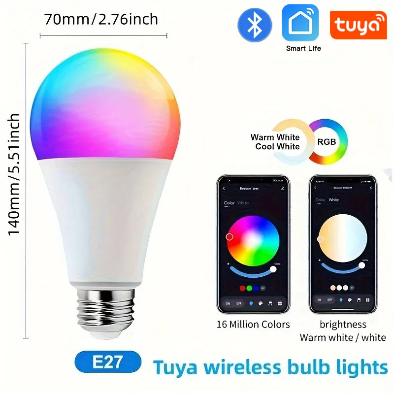 AC85-265V LED E27 Bulb Wireless App Bluetooth 5.0 Smart Bulb TUYA CONTROL CONTROL DOMABLE 10W RGB+CW+WW kompatibilné iOS/Android