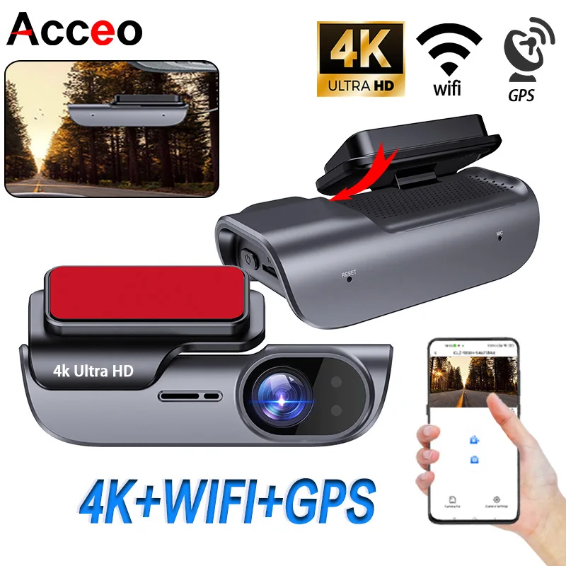 Acceo Dash Cam Uhd 4K pre automobilové kamery Night Vision Car DVR s GPS WiFi 24H Parking Loop Record Mini Hidden Video Recorder