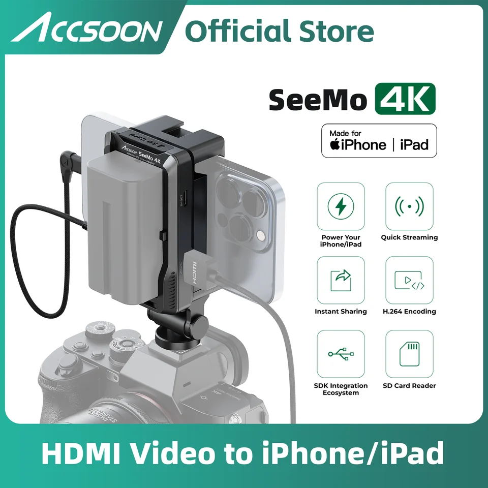 Accsoon Seemo 4K iPhone iPad nabíjanie SD Reader H.264 Nahrávanie Zdieľanie videa Live Streaming Capture HDMI na iOS Monitor