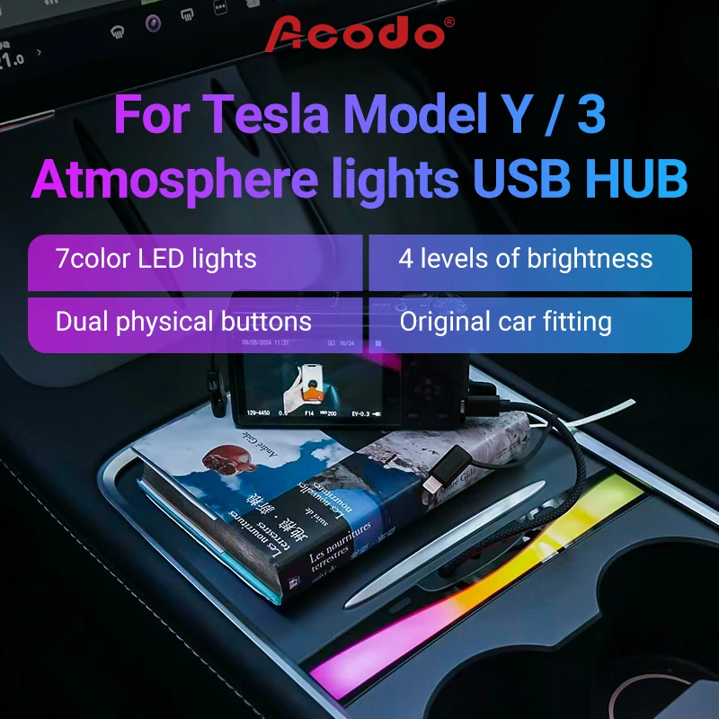 Acodo pre Tesla Model 3/Y Central Console Nabíjací kábel Kábel USB Docking Station Detské príslušenstvo s farebným osvetlením