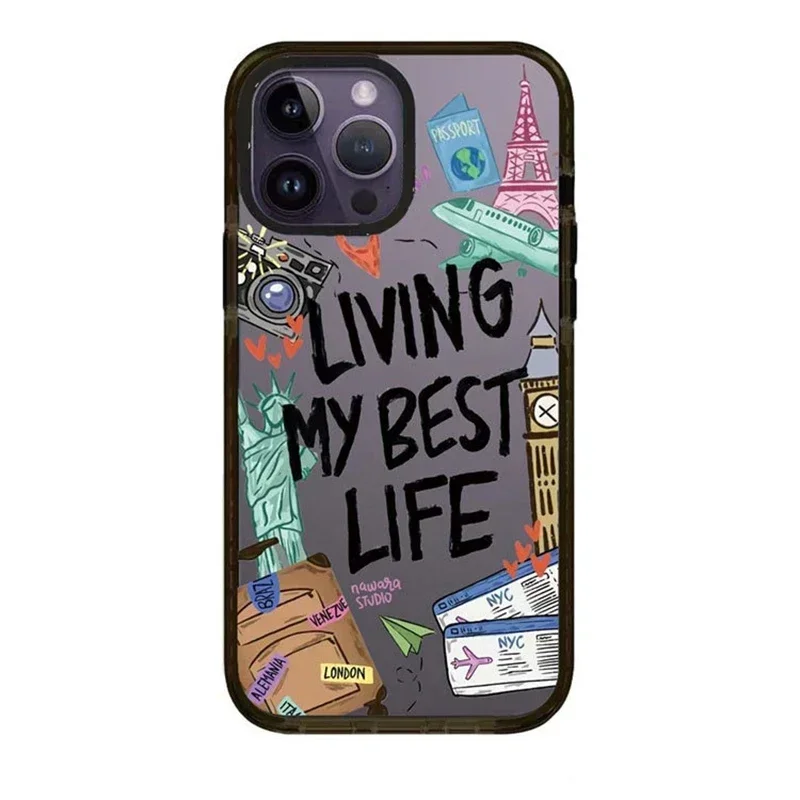 Acryl Living My Best Life Travel Tag Frame Cover Puzdro pre iPhone 11 12 13 14 15 16 Pro Max. Prípad pre iPhone 16 Promax
