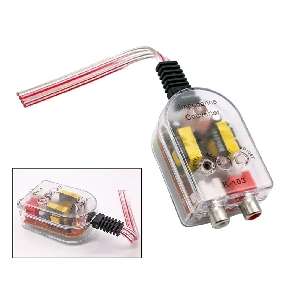 Adaptér reproduktora automobilu 12V stereofónny riadok Audio prevodník amplifikátor nastaviteľný vysoký až nízky impedančný výstup