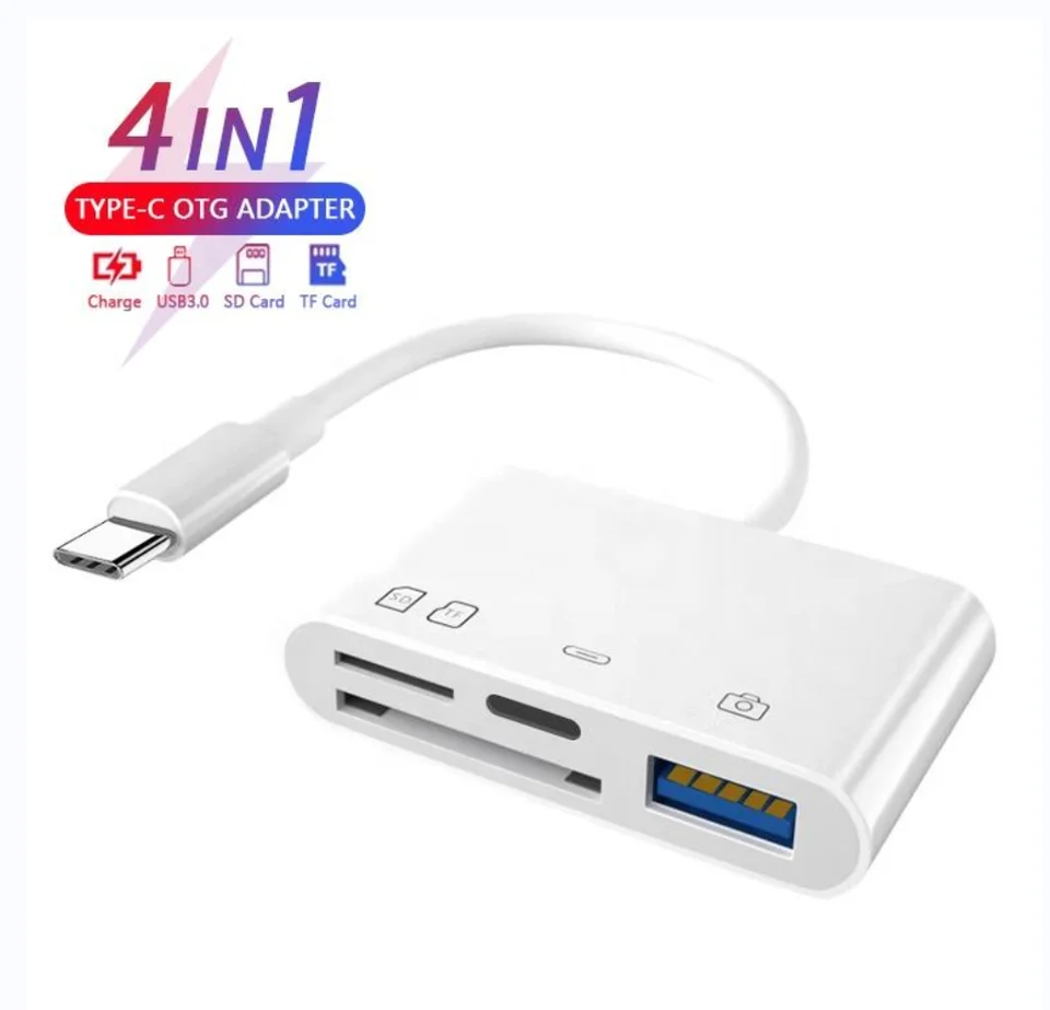 Adaptér čítačky kariet Typ C Adaptér 4 v 1 SD TF Adaptér pamäťovej karty pre iPad Huawei Čítačky kariet fotoaparátov Dáta prevodníka OTG pre fotoaparát