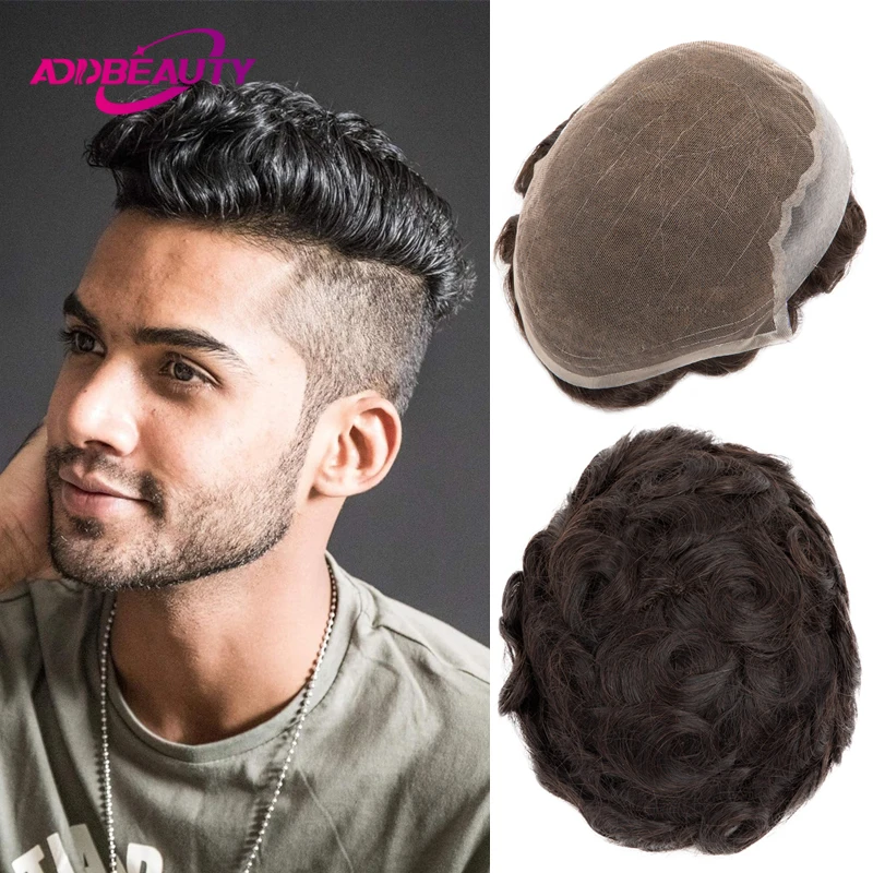 AddBeauty Parochne pre človeka čipky Pu Men toupee Human Hair System Systém prírodných ľudských vlasov parochne Pánska kapilárna protéza bieli uzla