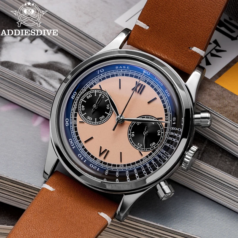 Addiesdive AD2037 Men hodinky 100 metrov vodotesný kožený pás remis reloj hombre načasovacie hodiny Multifunkčné chronografové kremenné hodinky