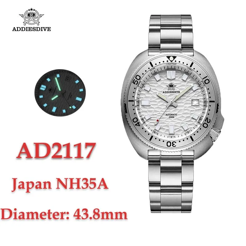 Addiesdive AD2117 Japonsko NH35 Automatické hodinky Sappire Glass Glass Nereze z nehrdzavejúcej ocele Modrá Super svetelný 200 metrov vodotesný reloj hombre