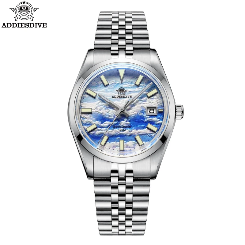 Addiesdive NH35 Automatické hodinky Men Mechanické náramkové hodinky 39 mm móda 3D Cloud Sea Dial Bubble Mirror