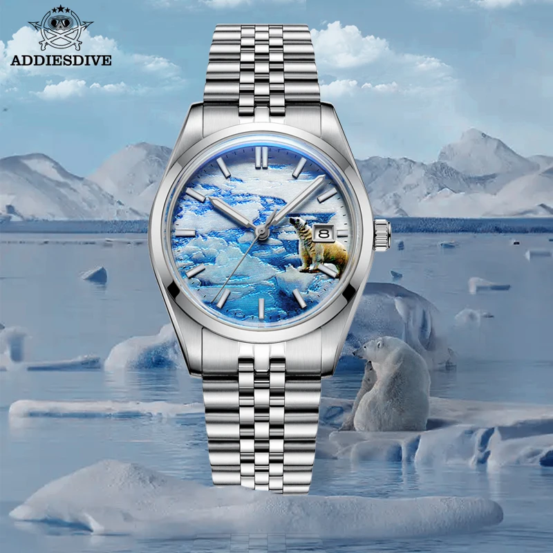 AddiesDiveMechanical Watch for Men 39 mm ľadovec Dial NH35 Bubber Mirror 100m potápač