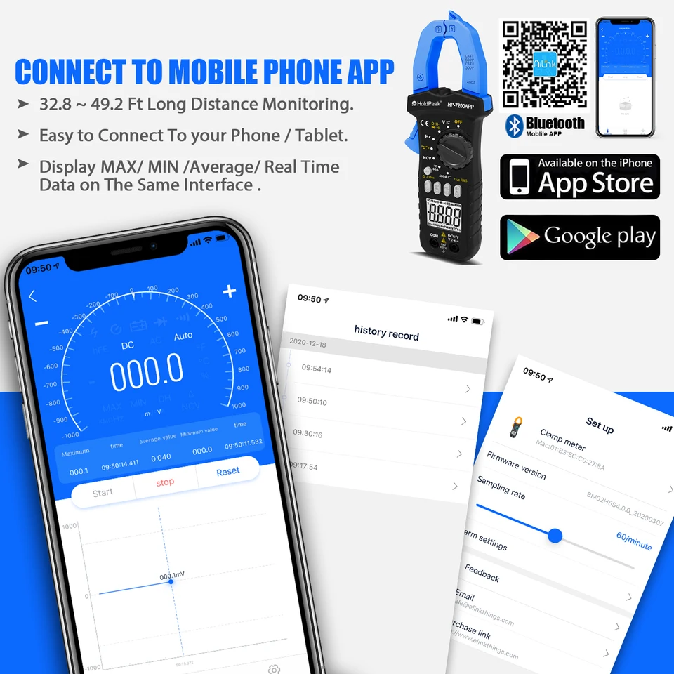 Advanced Bluetooth Clamp Multimeter Presnosť Tool Presnosť True RMS Digital Tester pre komplexné merania AC/DC LCD podsvietenia
