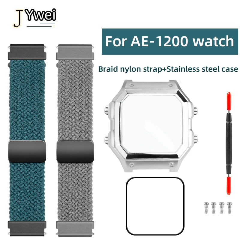 AE1200 Zohazdorový ráz AE-1200 Case Case AE1200 Braid Nylon Strap+Silver Case Mod Kit pre Casio 3229 AE1200