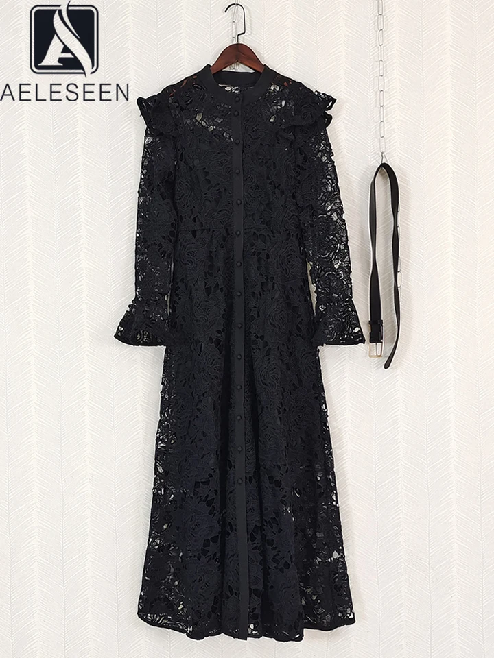 Aeleseen Vysoko kvalitné čipkové šaty Ženy čierne dlhé rukávy Ruckle Dutlow Out Town-Pleast Biely elegantný večierok