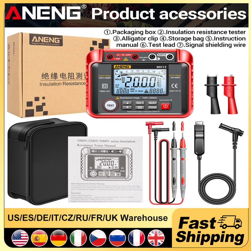 Aeng MH13 Megohmmeter Ohm Tester Digitálny multimeter megometrie izolácia Zem