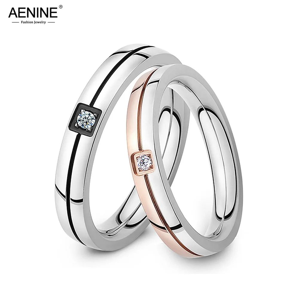 Aenine Classic Cubic Zirconia Ring Nerezová oceľ Shinning Crystal Pár prsteň navždy láska pre romantické svadobné prstene AR19102
