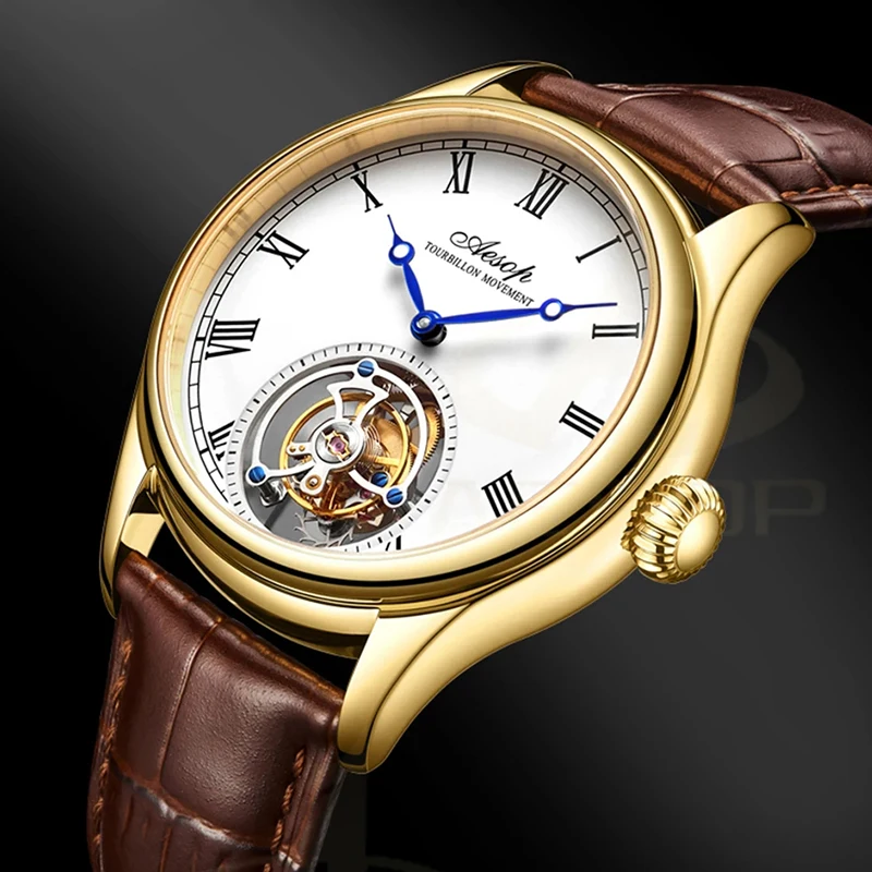AESOP 7021 Tourbillon Watch Men Mechanický pohyb Wirstwatches Sapphire Waterprope Leather Metal Band Roman Scale Dial Classic