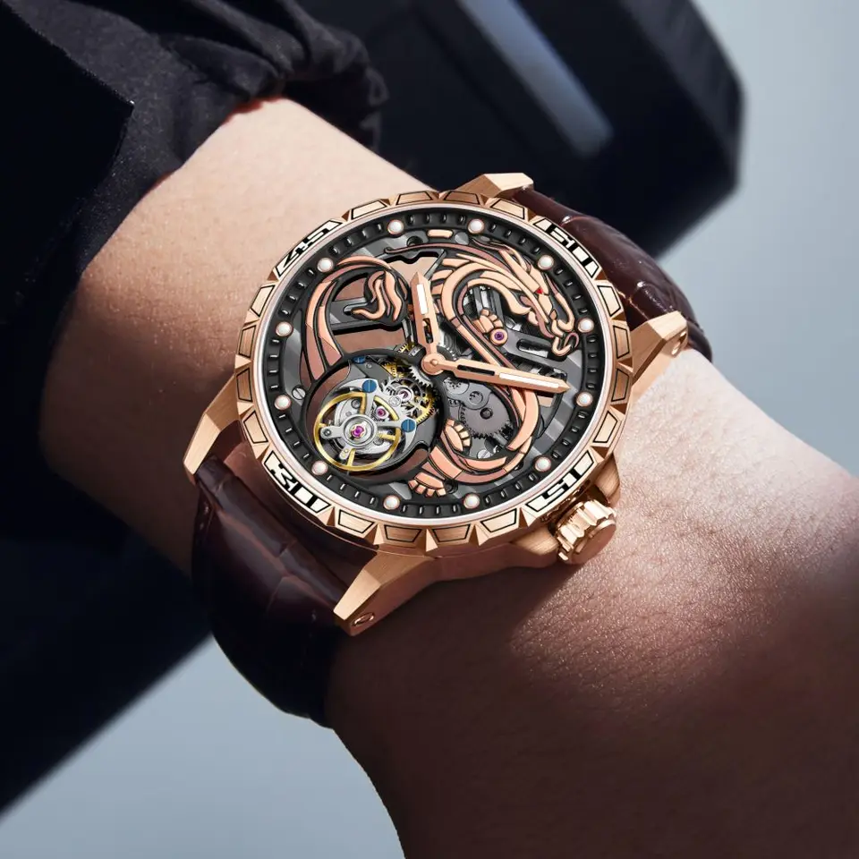 AESOP Mechanical Watch for Men Skeleton Tourbillon Movele Fashion Watches Pánske luxusné zafír zrkadlo čínske loong vzor a
